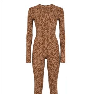 Fendi Brown Logo-Print Long-Sleeve Jumpsuit